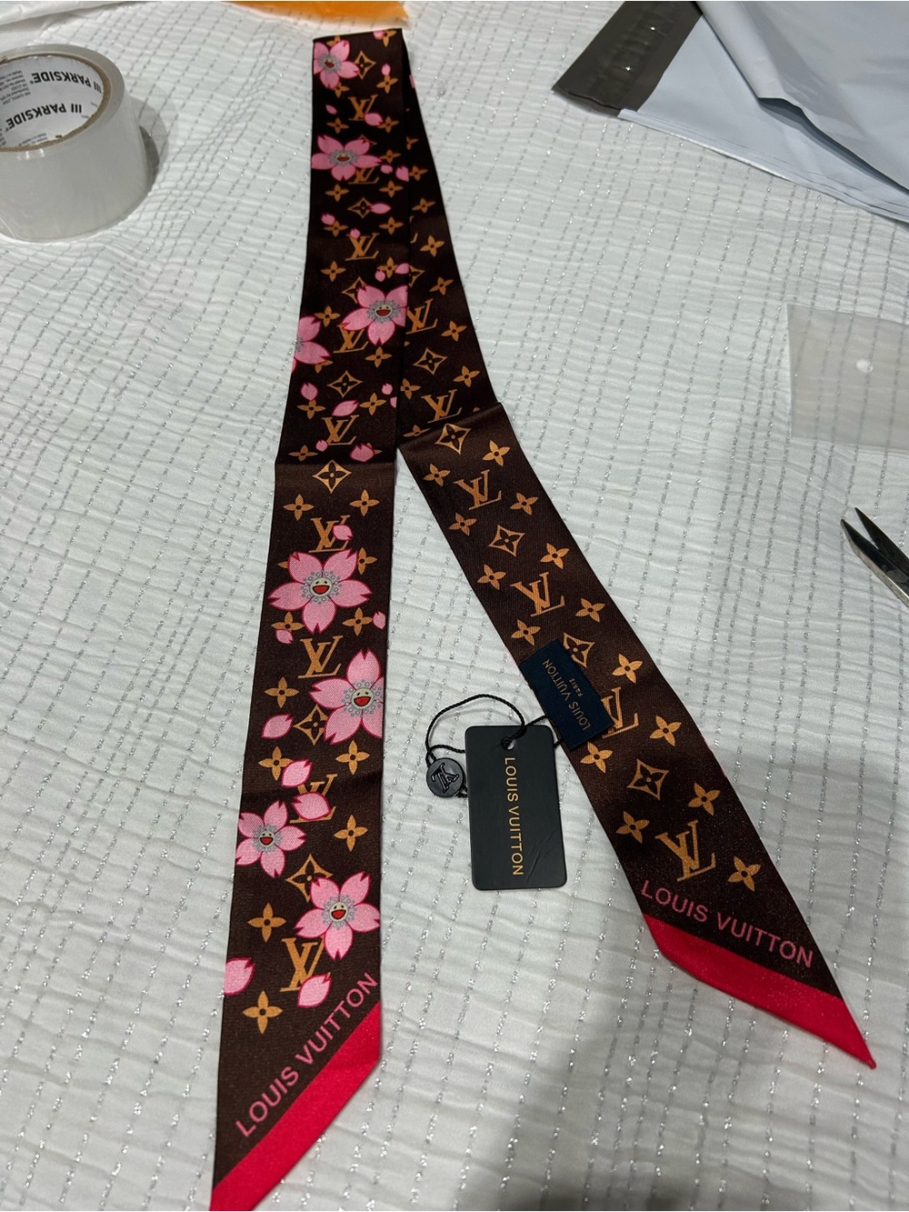 Louis Vuitton Brown, Pink & Red Monogram Floral Silk Twilly